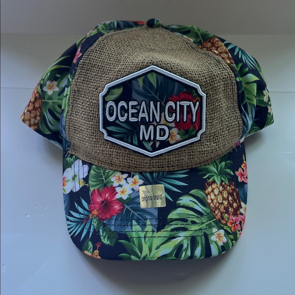Ocean City MD Tropical Pineapple Hibiscus Burlap Trucker Hat Lucky 7 USA